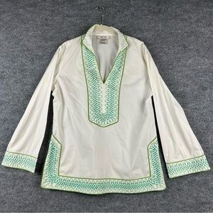 Nexx White Embroidered Coastal Boho Tunic Top Bell Sleeve V-Neck Women’s M